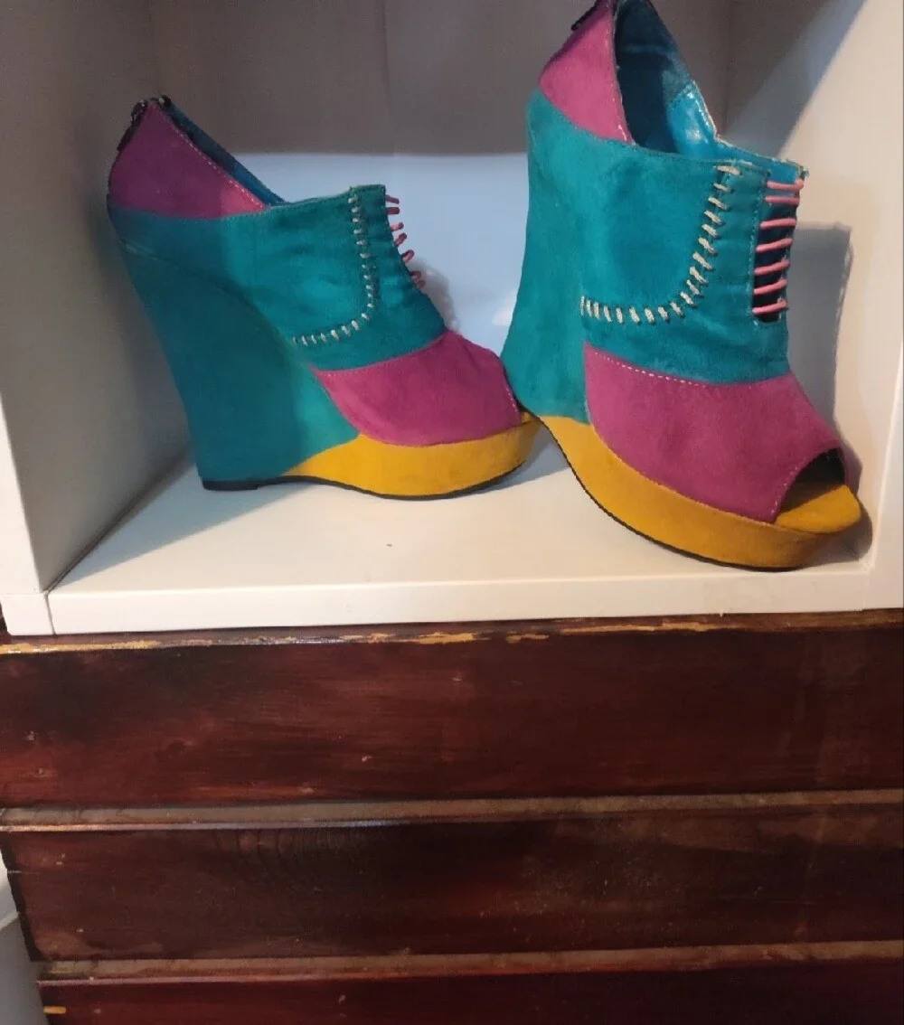 Colorblock faux Suede Wedge Peep Toe Heels in Teal, Magenta & Mustard